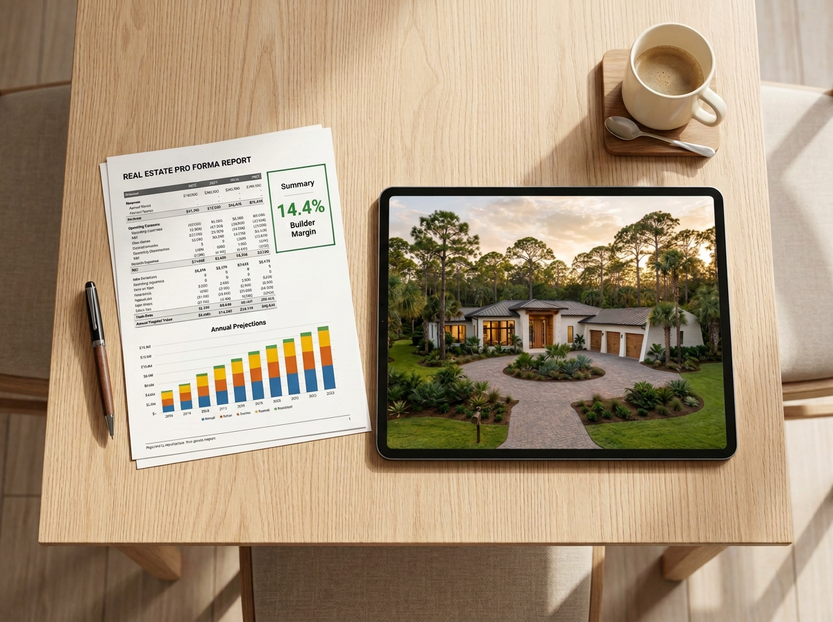 Stage the Dirt package on a seller's kitchen table: tablet with the concept home and a printed pro forma